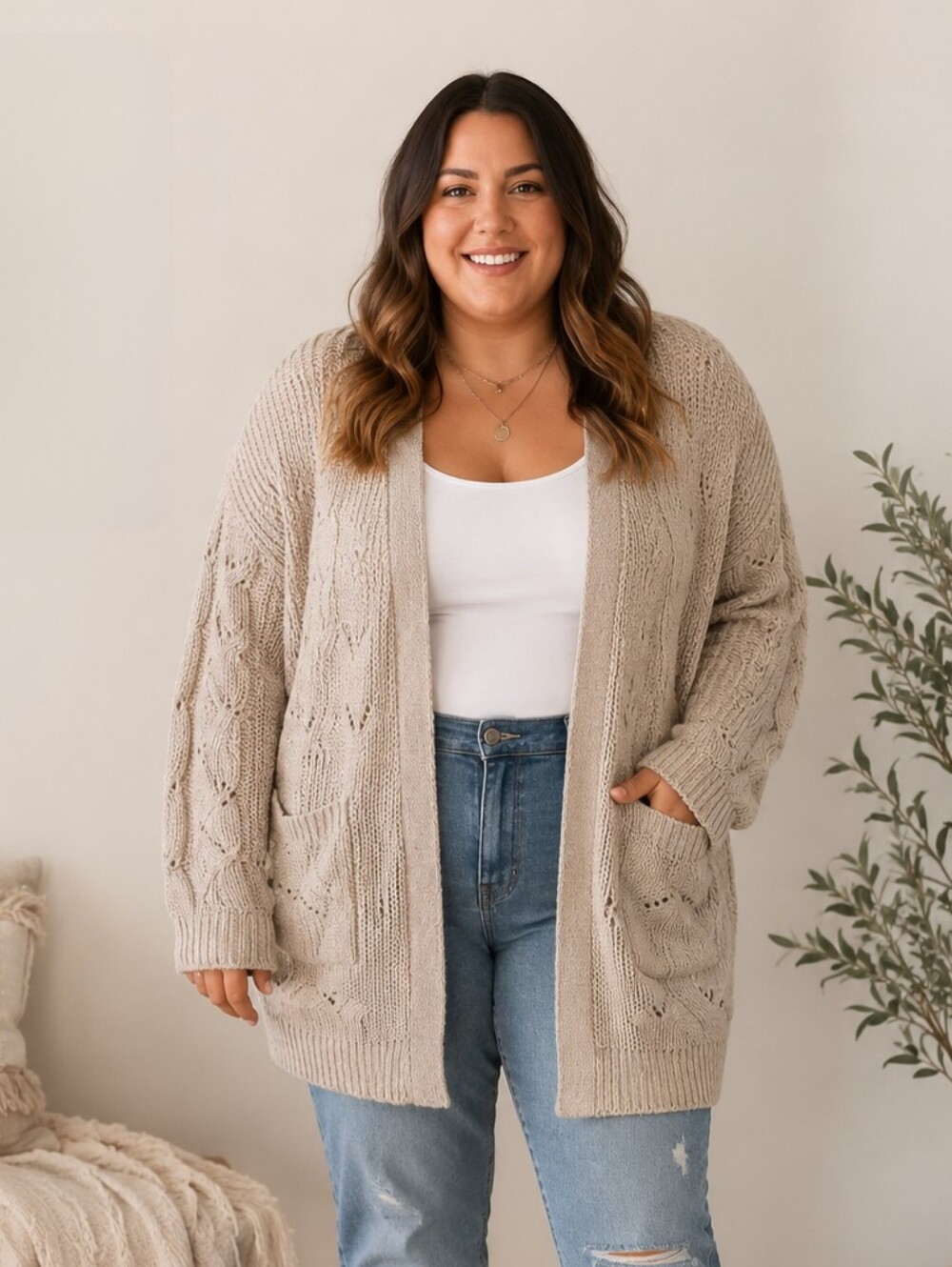 Time and Tru Beige Open-Front Knit Cardigan